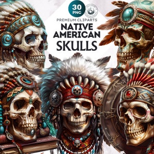 Puede incluir: Un conjunto de 30 imágenes de clip art de cráneos nativos americanos. Los cráneos están decorados con plumas coloridas, cuentas y otros diseños tradicionales nativos americanos. Las imágenes son perfectas para usar en manualidades, scrapbooking y otros proyectos creativos.