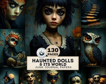 Haunted Dolls Junk Journal Pages: Gothic Halloween Ephemera (130 JPEG, 8.5x11 inch)