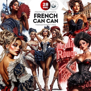 Conjunto de clipart de menina de cabaré francês Cancan, mulher burlesca, cabaré parisiense, dançarina de Paris, Torre Eiffel, viagem à França, sublimação de Paris