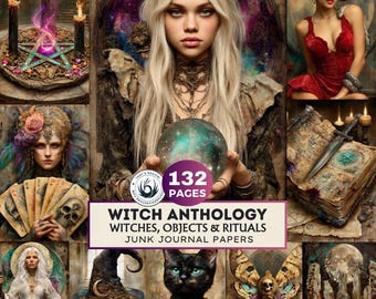May include: A collage of images with a witchy theme. The central image features a woman holding a glowing orb. The text reads "Witch Anthology Witches, Objects & Rituals Junk Journal Papers" with "132 Pages" displayed.