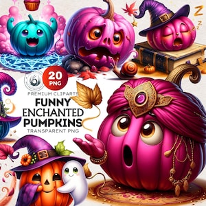 Halloween clipart Funny Enchanted Halloween Pumpkins PNG Set, Cute Kawaii Halloween Witch Clipart for Kids halloween PNG, Commercial use
