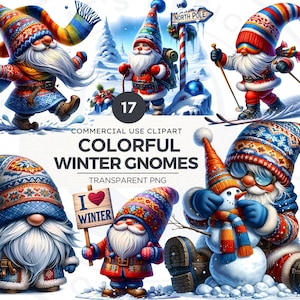 Colorful Winter Gnome Clipart Set, 17 High quality PNG, Christmas Gnome PNG, Watercolor Musician gnome, Winter Sublimation. Commercial use