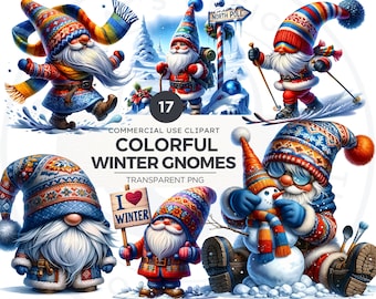 Colorful Winter Gnome Clipart Set: whimsical PNGs (commercial use digital download)
