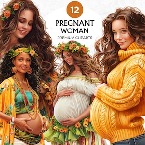 Conjunto de clipart de mulher grávida, gravidez em aquarela, PNG de Dia das Mães, maternidade, gráficos de família, chá de bebê, arte da maternidade, design pré-natal