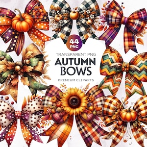 May include: A collection of colorful autumn-themed bows with various patterns, including plaid, polka dots, and floral designs. Each bow features fall elements like pumpkins, sunflowers, and leaves. The image includes the text "AUTUMN BOWS" and "PREMIUM CLIPARTS".