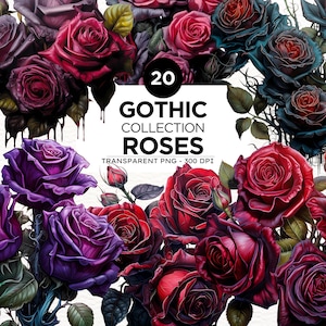Gothic Roses Watercolor Clipart: Dark Floral PNG (Digital Download, Commercial Use)