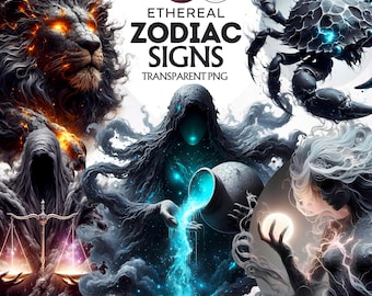 12 Ethereal Zodiac signs Clipart Set, Astrology clipart, horoscope signs, Fantasy Clipart, Celestial clipart, zodiac sublimation, zodiac png