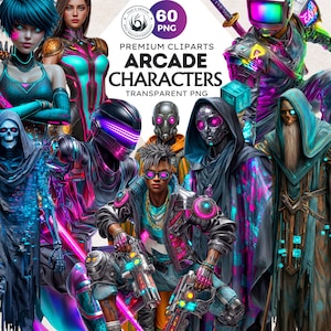 May include: A collection of digital art featuring various arcade characters. The characters are depicted in vibrant colors, with futuristic and cyberpunk-inspired designs. The image includes text that reads "Premium Cliparts Arcade Characters Transparent PNG".