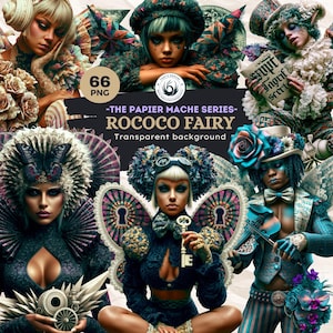 May include: A digital art composition featuring multiple Rococo Fairy figures. The image showcases a variety of detailed costumes, including elaborate headpieces, wings, and ornate attire. The color palette includes shades of blue, teal, and gold, with the text "66 PNG" and "-THE PAPIER MACHE SERIES- ROCOCO FAIRY Transparent background".