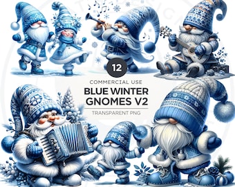 May include: Twelve digital illustrations of blue winter gnomes with white beards and hats. The gnomes are wearing various winter clothing and accessories, such as scarves, mittens, and boots. Some gnomes are playing musical instruments, while others are holding winter-themed objects, such as a guitar, a ukulele, and an accordion.