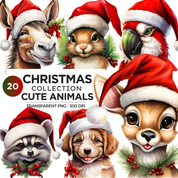 Cute Christmas Animals PNG Clipart Illustration, Woodland Animal Clipart, Winter Clipart, Christmas & Baby Shower Designs,Commercial use POD