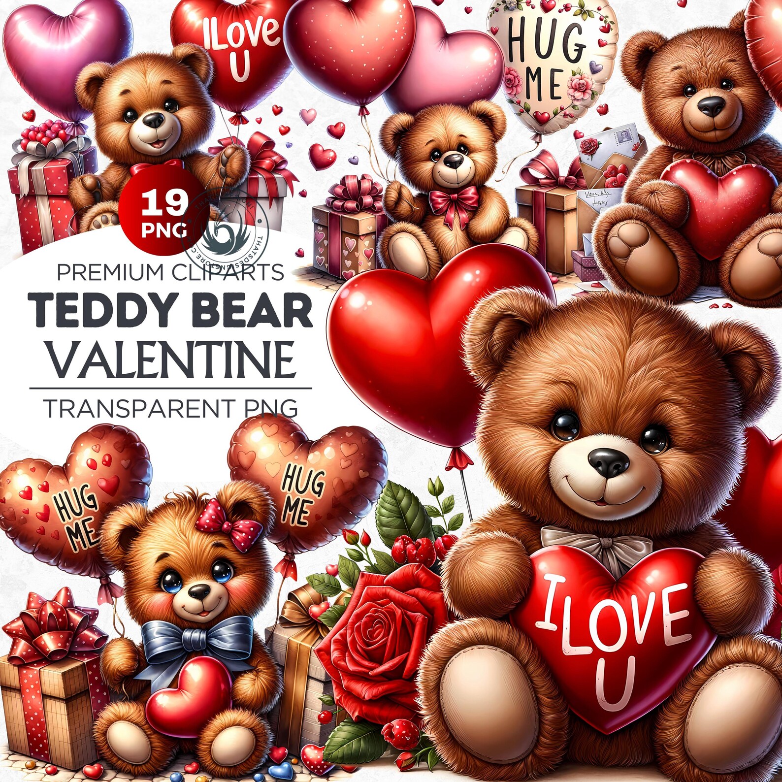 Watercolor Valentines Teddy Bear Clipart: PNG Bundle (digital Download ...