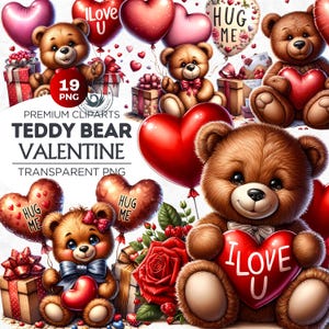 Watercolor Valentines Teddy Bear Clipart, Valentines Day Clipart PNG, Valentines Teddy Bear, valentine printable, Cards & sublimation.