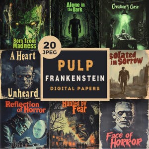Digitalt pappersset med Pulp Frankenstein: Skräckillustrationer, Halloween-sidor (JPEG-nedladdning)