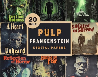 May include: A collage of 20 digital papers featuring a horror theme. The papers feature various images of monsters, including Frankenstein, with titles like "Born from Madness", "A Heart Unheard", "Hunted by Fear", and "Face of Horror".