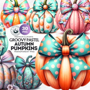 May include: A collection of colorful, pastel-colored pumpkins with decorative bows. The pumpkins are orange, pink, and teal, with patterns including polka dots and floral designs. The image includes the text "GROOVY PASTEL AUTUMN PUMPKINS".