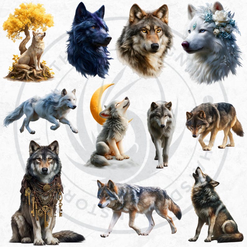 Watercolor Mystic Wolves Clipart PNG Bundle, Fantasy wolf for DIY Card, Junk Journal, Scrapbooking, Commercial use!