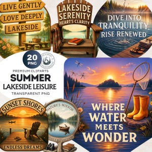 Summer Lakeside Leisure PNG Set, Lake House Decor Clipart, Cabin Quotes Sublimation, summer png, Transparent background, Commercial use