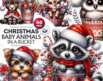 Christmas Baby Animals In Bucket Clipart Set: Watercolor PNG Images (Digital Download)