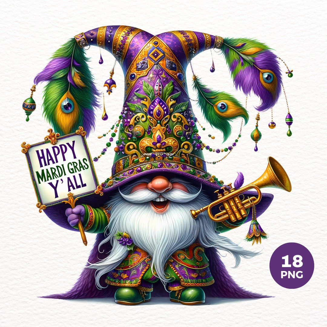 Watercolor Mardi Gras Gnomes Clipart, Festive Gnome PNG, Fleur De Lis