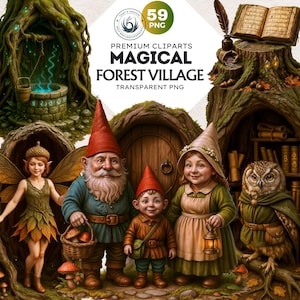 Magical Forest Village Clipart PNG for Sublimation and Craft  - Mushroom House, Owl, Fox, Fairy, Gnome, Rabbit, Fantasy clipart design