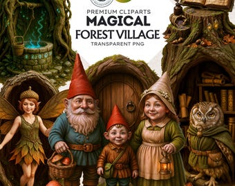 Puede incluir: Un conjunto de 59 ilustraciones digitales que representan un pueblo mágico del bosque. Las ilustraciones incluyen un gnomo, un hada, un búho, una casa de setas, un pozo y una casa en un árbol. Las ilustraciones están en un estilo caprichoso y son perfectas para crear escenas mágicas.
