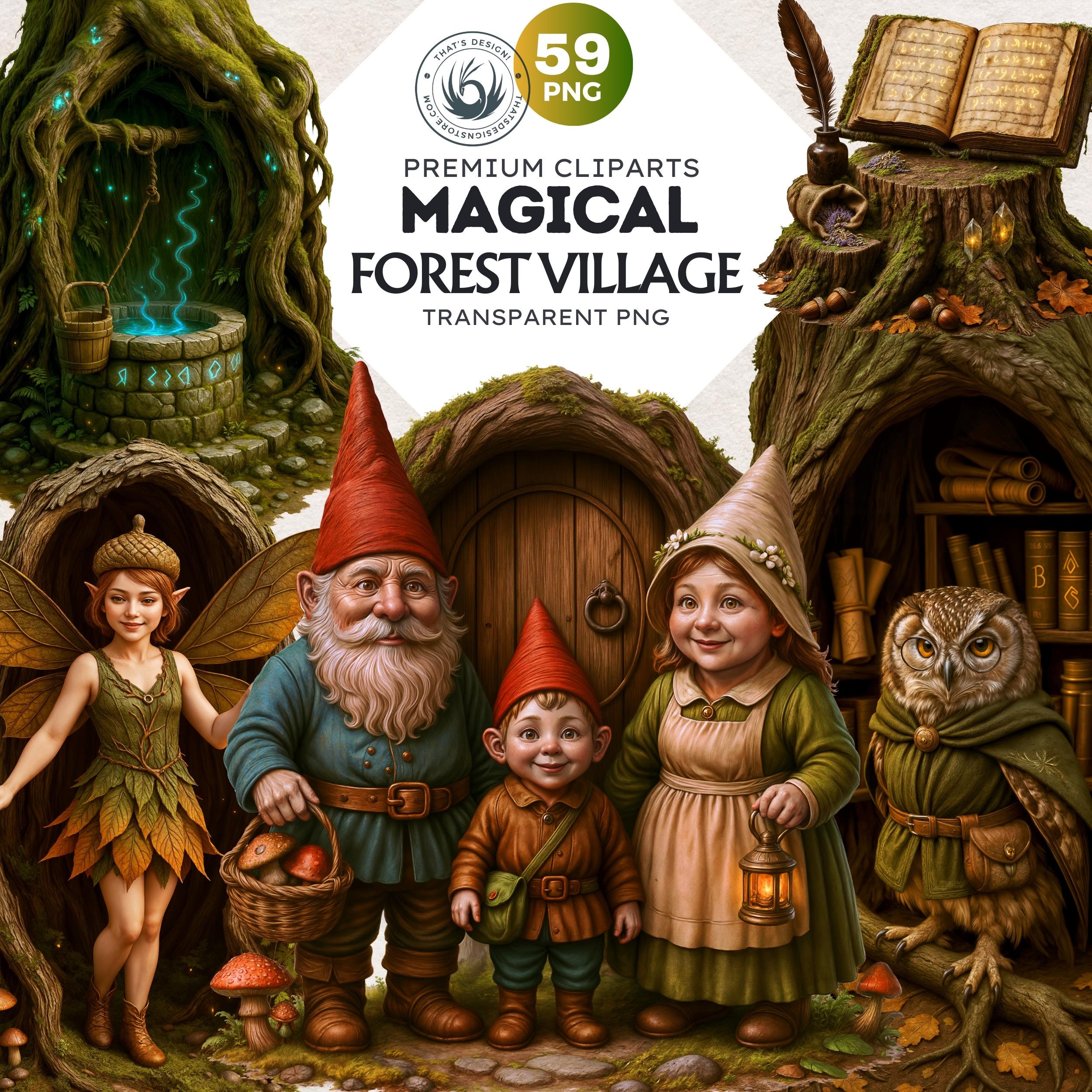Magical Forest Village Clipart: Gnome, Fairy, Owl PNG (Digital Download, Commercial Use)