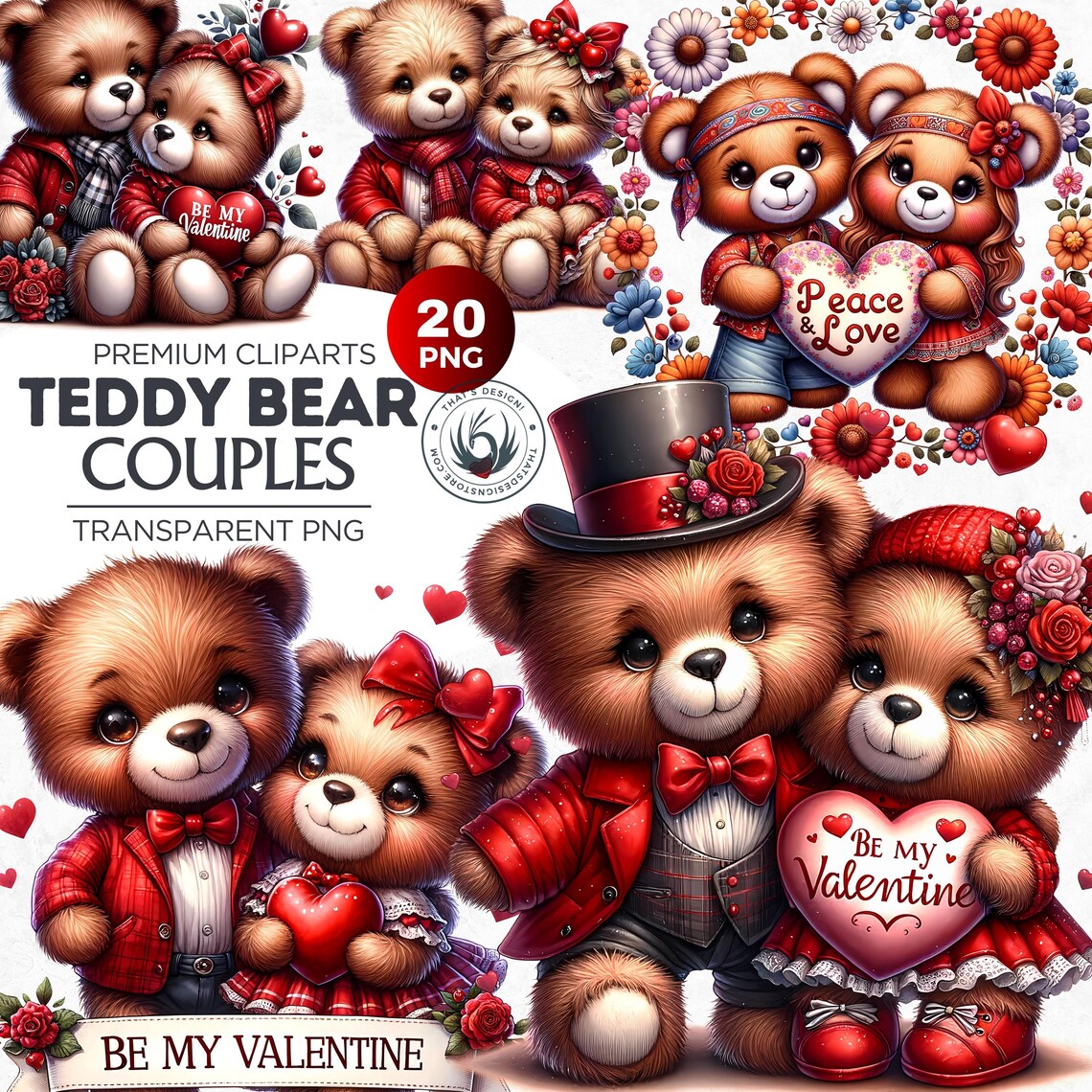 Valentine Teddy Bear Couple Clipart: 20 Pngs for Commercial Use - Etsy