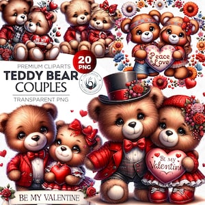 20 Valentines Teddy Bear Couple Clipart, Valentines Day Clipart, Valentine PNG, Teddy Bear sublimation, valentine printable, Commercial use