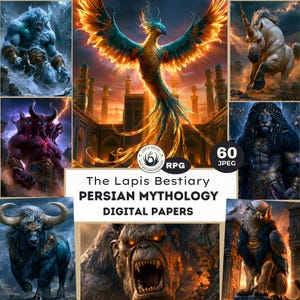 Puede incluir: Una colección digital titulada The Lapis Bestiary Persian Mythology Digital Papers que incluye 60 imágenes JPEG de criaturas míticas como un fénix, un unicornio, una figura con cabeza de león, un toro y un monstruo, con texto.