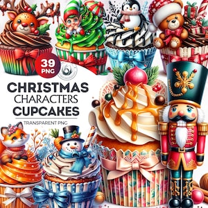 Watercolor Christmas Cupcakes Clipart PNG | Delicious Christmas PNG for Sublimation, Christmas Sweets Clipart, Santa, nutcracker, snowman.