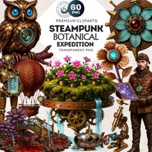 Steampunk Botanical Expedition Clipart PNG Set for Crafts and sublimation, Steampunk clipart, Victorian fashion,retro futuristic Fantasy art