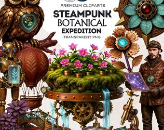 Conjunto de imágenes prediseñadas botánicas steampunk: PNGs de expedición para sublimación (descarga digital, uso comercial)