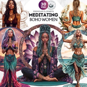 30 meditierende Boho Frauen Clipart für Sublimation und Handwerk, spirituelle Frau in Yoga Posen, Zen Mädchen beim Asana, Meditation und Achtsamkeit