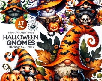 Halloween Zwerge Clipart Set: Hexenhüte, Kürbisse (PNG Digitaldruck)