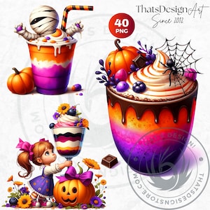 Halloween Drinks Cuties PNG Set, Kawaii Spooky Treats Clipart, Kids halloween Party for Sublimation, Ghost, Pumpkin, cauldron, Halloween PNG