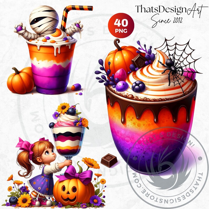 Halloween Drinks Cuties PNG Set, Kawaii Spooky Treats Clipart, Kids halloween Party for Sublimation, Ghost, Pumpkin, cauldron, Halloween PNG