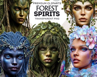 Imágenes prediseñadas de espíritus del bosque: dríadas místicas, conjunto PNG de naturaleza fantástica (uso comercial)