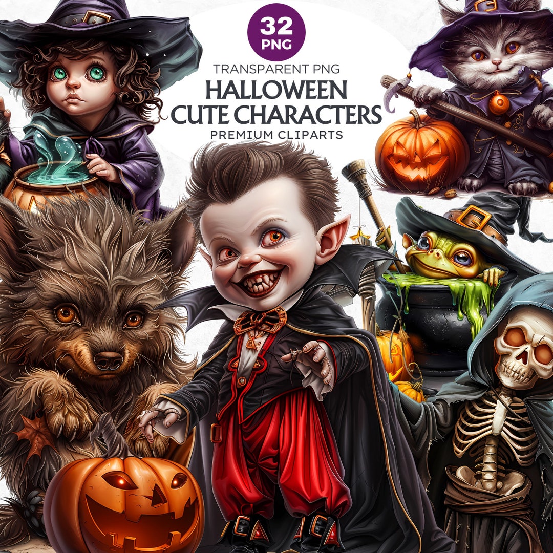 32 Cute Halloween Characters Clipart V2, Cute Halloween Png Bundle ...