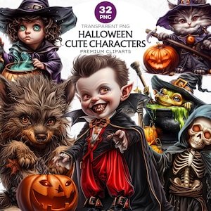 32 Cute Halloween Characters Clipart V2, Cute Halloween png bundle, Spooky season png | Kids Halloween digital prints | Halloween clip art
