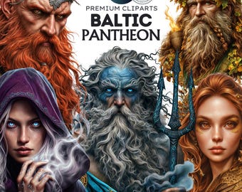 May include: Digital illustration of a group of deities from the Baltic pantheon. The image features a bearded god with a crown, a god with a blue beard and a trident, a goddess with long red hair, and a goddess with long white hair and a blue cloak. The image is titled "Baltic Pantheon" and includes the text "64 PNG Premium Clip Arts".