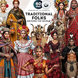 Puede incluir: Ilustración digital que presenta a personas vestidas con trajes tradicionales de todo el mundo. La imagen incluye una variedad de ropa, accesorios y elementos decorativos culturales. El texto de la imagen dice "Premium Cliparts Traditional Folks Around The World".