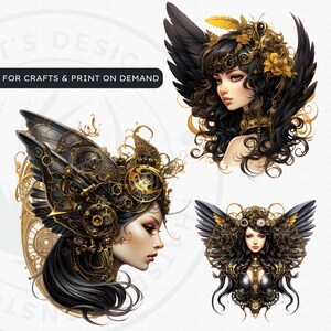 Steampunk Black and Gold Fairy Clipart PNG - A vintage inspired digital print featuring a captivating fairy, Victorian elegance, mythical elements, and more. Ideal for crafting, sublimation, decor, and imaginative projects. Digital prints
