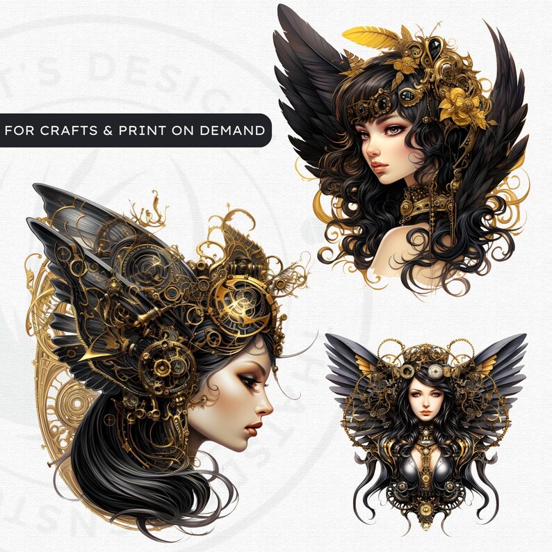 Steampunk Black and Gold Fairy Clipart PNG - A vintage inspired digital print featuring a captivating fairy, Victorian elegance, mythical elements, and more. Ideal for crafting, sublimation, decor, and imaginative projects. Digital prints