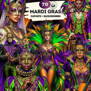 Könnte beinhalten: Eine digitale Illustration mit mehreren Figuren in aufwendigen Mardi-Gras-Kostümen. Die Figuren tragen verzierte Masken und sind in lila, grüner und goldener Kleidung gekleidet. Der Text "70 MARDI GRAS CLIPARTS + BACKGROUNDS" ist enthalten.