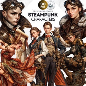 Könnte beinhalten: Ein Set mit 30 Steampunk-Charakterillustrationen. Die Charaktere sind in verschiedenen Steampunk-Kleidungen gekleidet, darunter Brillen, Zahnräder und Leder. Die Illustrationen sind im Cartoon-Stil gehalten und eignen sich perfekt für den Einsatz in digitalen Projekten.