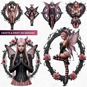 Black & Pink Gothic Fairies PNG, Dark Fairy Art Clipart, Pastel goth Fantasy for Sublimation Craft, Transparent background, Commercial use