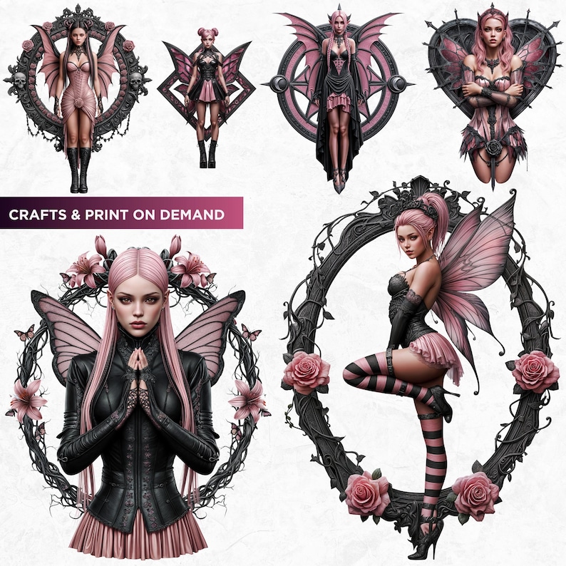 Black & Pink Gothic Fairies PNG, Dark Fairy Art Clipart, Pastel goth Fantasy for Sublimation Craft, Transparent background, Commercial use