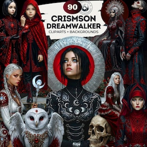 以下が含まれることがあります： 「Crimson Dreamwalker」というタイトルのデジタルアートコレクション。ゴシック風のイラストが特徴です。赤と黒の衣装を着た人物、フクロウ、骸骨、天体のモチーフが描かれています。ファンタジーをテーマにした作品です。