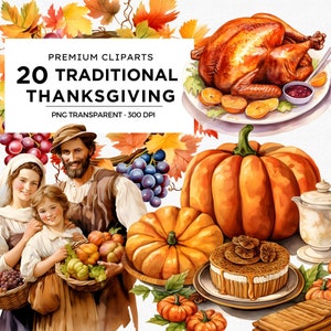 Traditional Thanksgiving PNG clipart, Watercolor Fall Clipart, Fall PNG, Autumn Sublimation, Pilgrims PNG, Thanksgiving Feast, Autumn Art